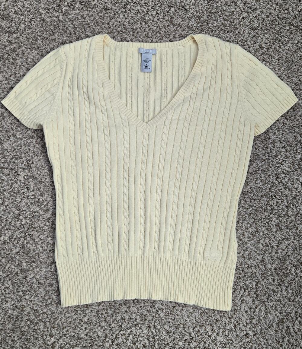 IZOD Women Medium Beige Cable Knit 100% Cotton Short Sleeve V Neck Sweater Shirt